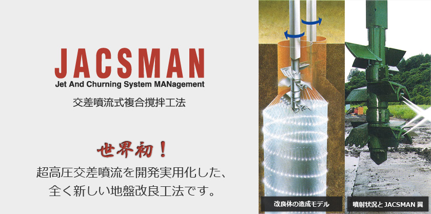 JACSMAN (Jet And Churning System MANagement)超高圧交差噴流を世界で初めて開発実用化した、全く新しい地盤改良工法です。
